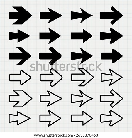 Set of black and white arrows in various styles and directions. Arrows pointing left, right, up, and down. Bold and outlined arrow designs on grid background. Element vector set.