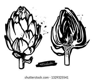 Set of black and white Artichokes. Hand drawn vegetable illustration