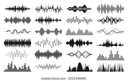 Conjunto de visualizaciones de audio en blanco y negro sobre un fondo blanco. Ilustración vectorial de varias ondas de sonido y barras de ecualizador para la producción de música, ingeniería de sonido, audio y diseño multimedia