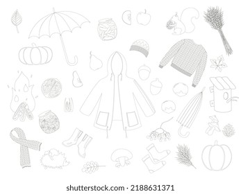 Set of black and white autumn illustrations, for stickers, stickers, prints, websites, isolated on a white background