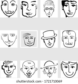 Set of black and white avatars - male cartoon portraits.