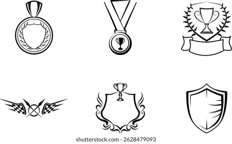 Set of black and white award icons badges medals trophies emblems elements