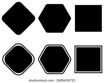 Set of black and white badges. Black abstract shape symbols and icons. Flat vector illustration isolated on white background. set of black buttons