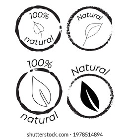 Set of black and white badges and icons with leafs "100% Natural". Vector illustration with set of labels and seals for cosmetic and food packaging.