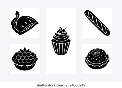 Set of black and white bakery icons featuring pie, cupcake, baguette, and tart illustrations.






