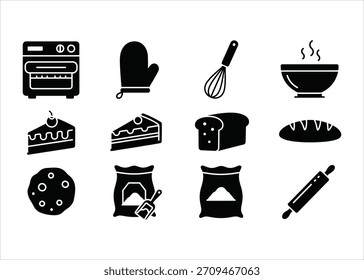Set schwarz-weiß Backen und Backwaren Icons zum Kochen