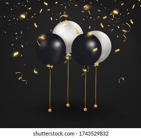 Set of black, white balloons with gold confetti. Celebrate a birthday, Poster, banner happy anniversary. Realistic decorative design elements. Festive background with helium balloons. 