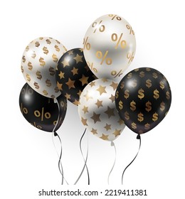 Set of black and white balloons with gold patterns, dollar money, stars, percentages decorated realistically on Black Friday and other festivals.