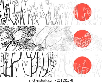 Set black and white banners of abstract drawing tree with small blossoms and leaves against sun.