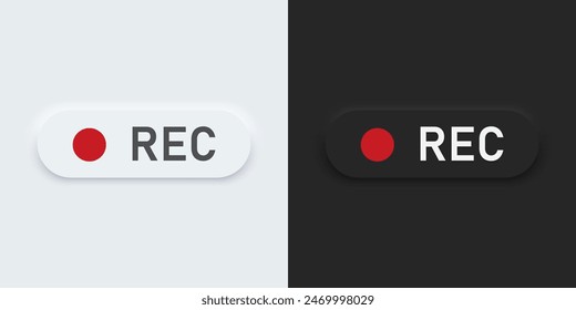 Conjunto de Botones de barras en blanco y negro con símbolos REC. Icono de Vector REC en estilo neumórfico de moda. Estilo de diseño de neumorfismo 3D para App, Sitios web, interfaces y menú de App móvil.