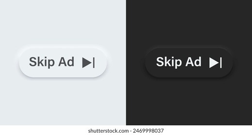 A set of black and white bar buttons with Skip ad symbols. Skip ad vector icon in trendy neumorphic style. 3D Neumorphism design style for Apps, Websites, Interfaces and mobile app menu.