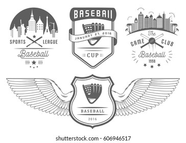 Set of black and white baseball labels, logos, sign, badges and outfit. Collection baseball club emblem and design elements. Baseball tournament professional and sports graphic.