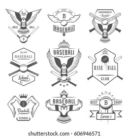 Set of black and white baseball labels, logos, sign, badges and outfit. Collection baseball club emblem and design elements. Baseball tournament professional and sports graphic.