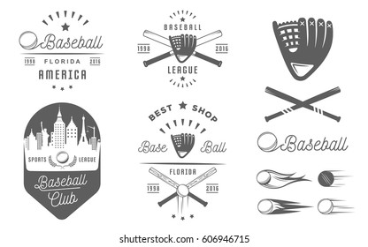 Set of black and white baseball labels, logos, sign, badges and outfit. Collection baseball club emblem and design elements. Baseball tournament professional and sports graphic.