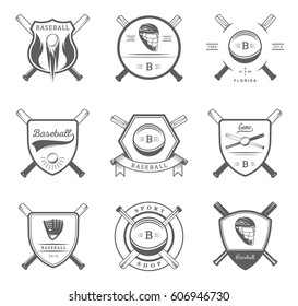 Set of black and white baseball labels, logos, sign, badges and outfit. Collection baseball club emblem and design elements. Baseball tournament professional and sports graphic.