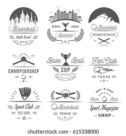 Set of black and white baseball labels, logos, sign, badges and outfit. Collection baseball club emblem and design elements. Baseball tournament professional and sports graphic.