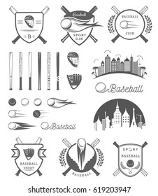 Set of black and white baseball labels, logos and badges. Collection club emblem and design elements. Sign of tournament and sport.