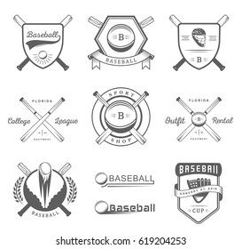 Set of black and white baseball labels, logos and badges. Collection club emblem and design elements. Sign of tournament and sport.