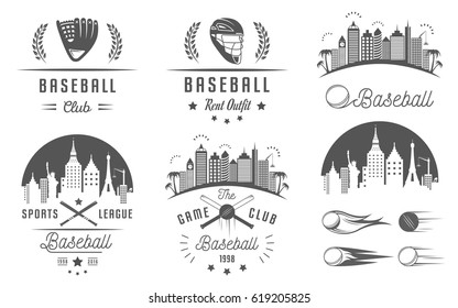 Set of black and white baseball labels, logos and badges. Collection club emblem and design elements. Sign of tournament and sport.