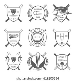 Set of black and white baseball labels, logos and badges. Collection club emblem and design elements. Sign of tournament and sport.