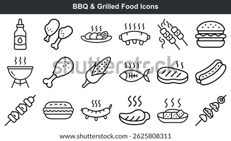 Set of black and white bbq and grilled food icons representing various menu items