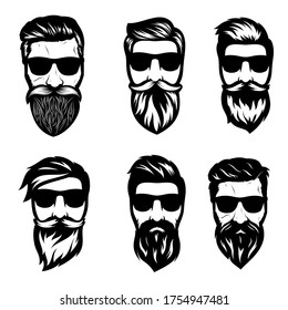 set of black and white bearded man's head vector