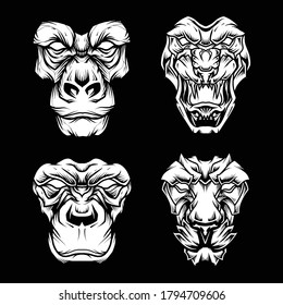 Juego de ilustraciones de la cara de la bestia blanca y negra