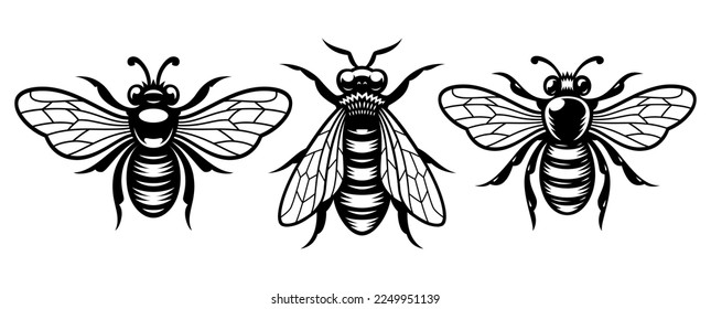 Conjunto de ilustraciones vectoriales de abejas blancas y negras, este diseño puede utilizarse como logotipo o para una etiqueta de miel