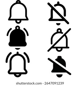 Conjunto de ícones de sino preto e branco, incluindo símbolos de alarme, notificação e alerta, isolados no fundo branco para design de aplicativo e interface de usuário.
