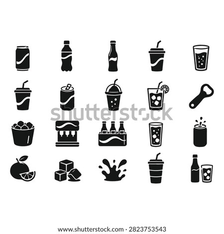 A set of black and white beverage and drink icons featuring cans, bottles, cocktail glasses, and coffee cups in a flat silhouette style.