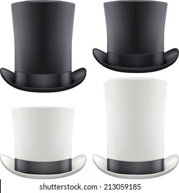 Set of black and white big gentleman hat cylinder with ribbon. Vector Illustration Isolated on white background.