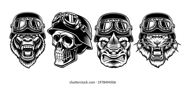 A set of black and white biker characters isolated on white background