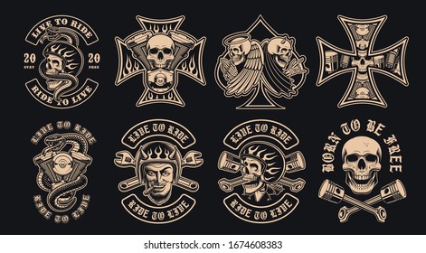 Set of black and white biker emblems on a dark background. These vector illustrations are perfect for apparel designs, logos, and many other uses.