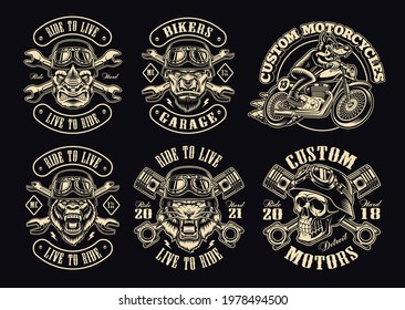 A set of black and white biker illustrations, these designs can be used as emblems for a motorcycle club, as shirt prints as well as for many other uses.