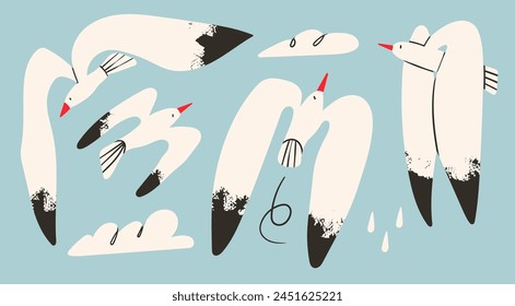 Conjunto de pájaros blancos y negros, nubes, gotas de lluvia. Colección de gaviota voladora. Diferentes poses. Estilo de dibujos animados, diseño plano. Ilustración vectorial de moda dibujada a mano. Elementos de diseño aislados