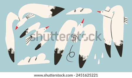 Set of black and white birds, clouds, rain drops. Flying Seagull collection. Different poses. Cartoon style, flat design. Hand drawn trendy Vector illustration. Isolated design elements