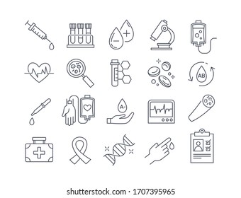 Set of black and white Blood and medical icons showing medical and laboratory testing, hypodermic, cardiology, blood circulation, dna and charts, vector illustration line drawings