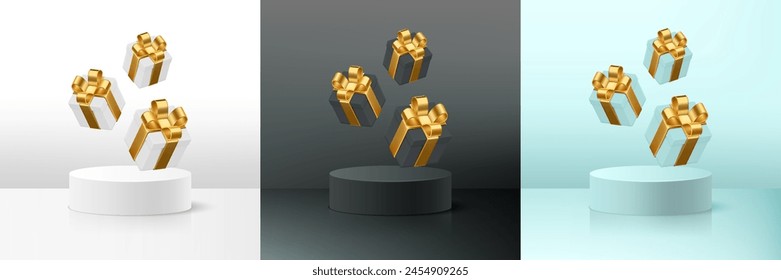 Set of black, white and blue realistic 3D pedestal podium with flying gift boxes with golden ribbon. Abstract minimal scene for mockup products