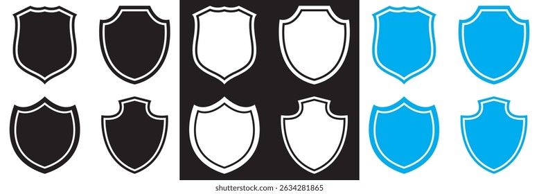Conjunto de ícones de escudo preto, branco e azul. Vetor para sites, interfaces móveis, apresentações, banner, marca visual etc. Ilustração vetorial. EPS 10