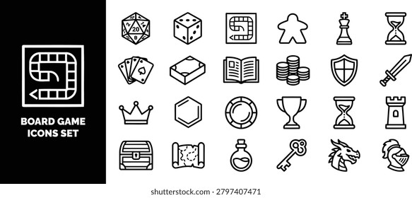 Set of black and white board game featuring dice, playing cards, chess pieces, treasure chest, map, and fantasy gaming