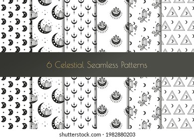 Conjunto de patrones de boho blanco y negro sin fisuras con crescentes, fases de luna, cristales, estrellas, ramas frondosas. Antecedentes bohemios modernos. Papel de envoltura celeste.