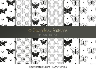 Set of black and white boho seamless patterns with butterflies, moths, crescents, moon phases, stars. Bohemian modern backgrounds. Celestial wrapping paper.