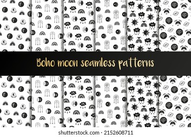 Set of black and white boho seamless patterns with dreamcatchers, clouds, moon and rainbows. Bohemian modern background. Celestial wrapping paper.