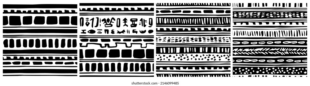 Conjunto de borde blanco negro abstracto vector tribal repite el efecto de envejecimiento sin fisuras. La ilustración contiene un spkatter dibujado a mano, triángulos, rectángulos, rayas, elementos, formas, geometría