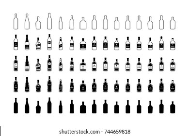 Set of black and white bottles of alcohol in different styles. Vector