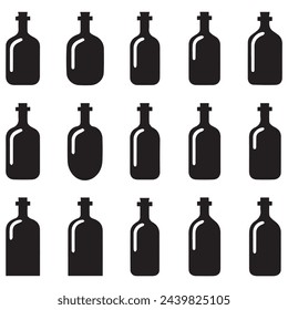 Set of black and white bottles silhouettes on white background. Vector illustration.
