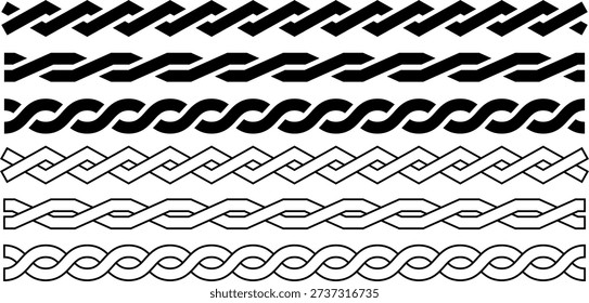 Set of black and white braided and intertwined line icons featuring various twisted rope designs