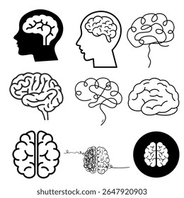 Set of black and white brain icons in various shapes. Suitable for medical, psychology, education, and science designs.