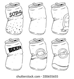 Set Of Black And White Broken Beer Lime Coffee And Soda Cans With Doodle Or Sketchy Style