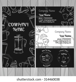 Set of black and white business card with hand drawn coffee cups on grey wooden background vector illustration